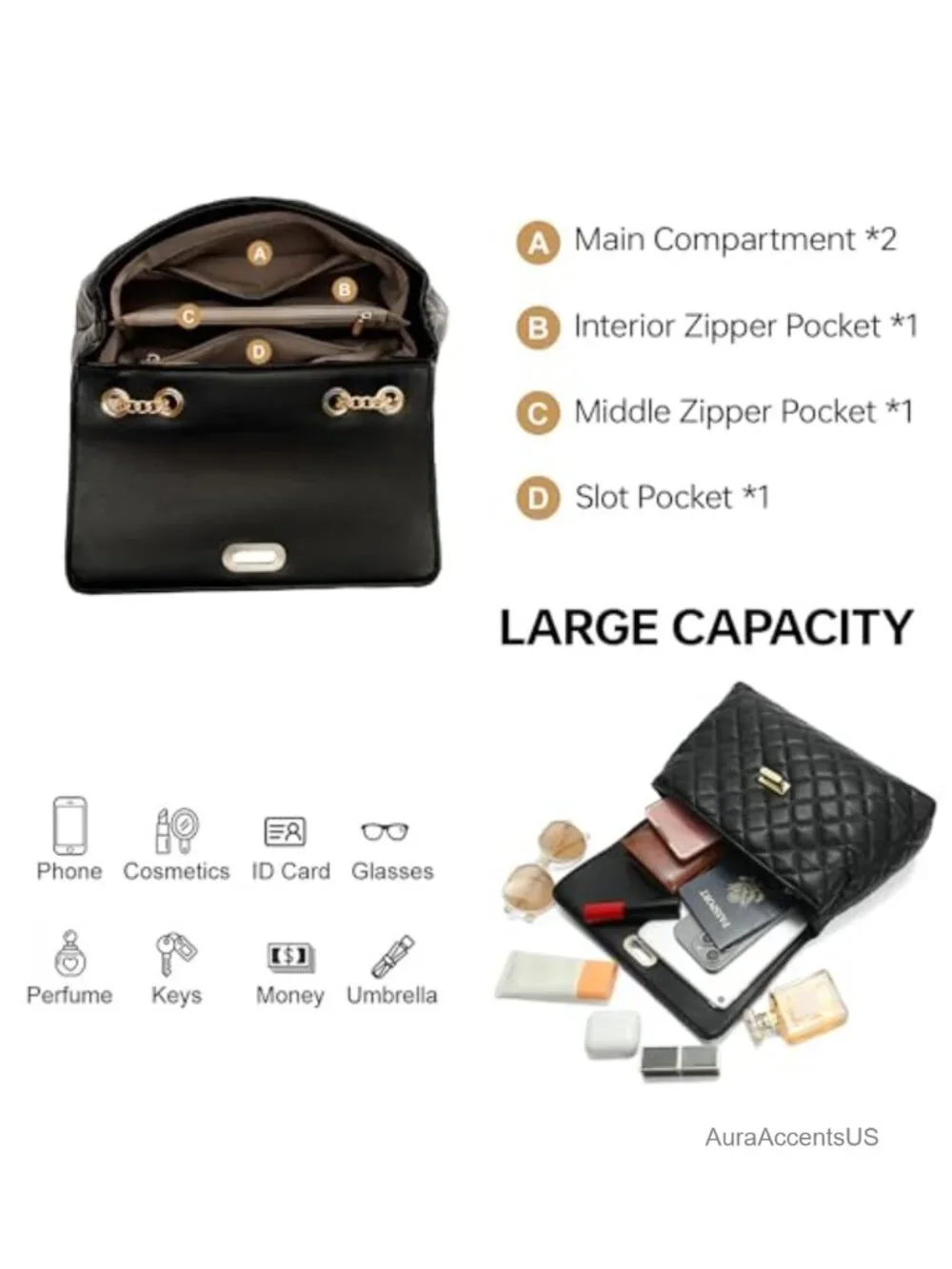 Quilted Vegan Leather Crossbody Bag with Chain Strap